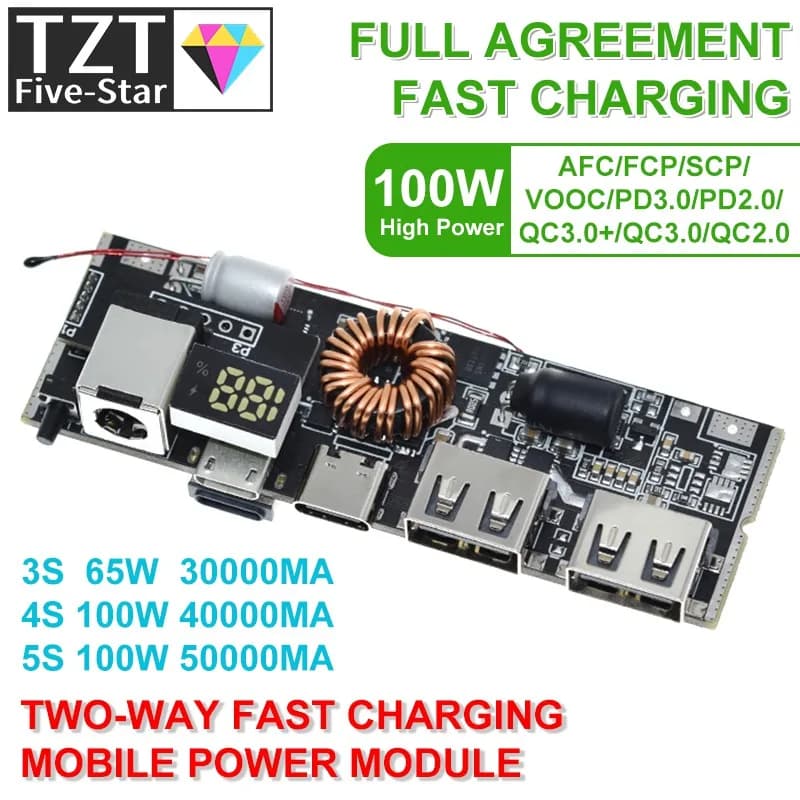 QC4.0 QC3.0 LED Dual USB PD Fast Charge 5A 100W Micro/Type-C USB Mobile Power Bank 18650 Charging Module Temperature Protection