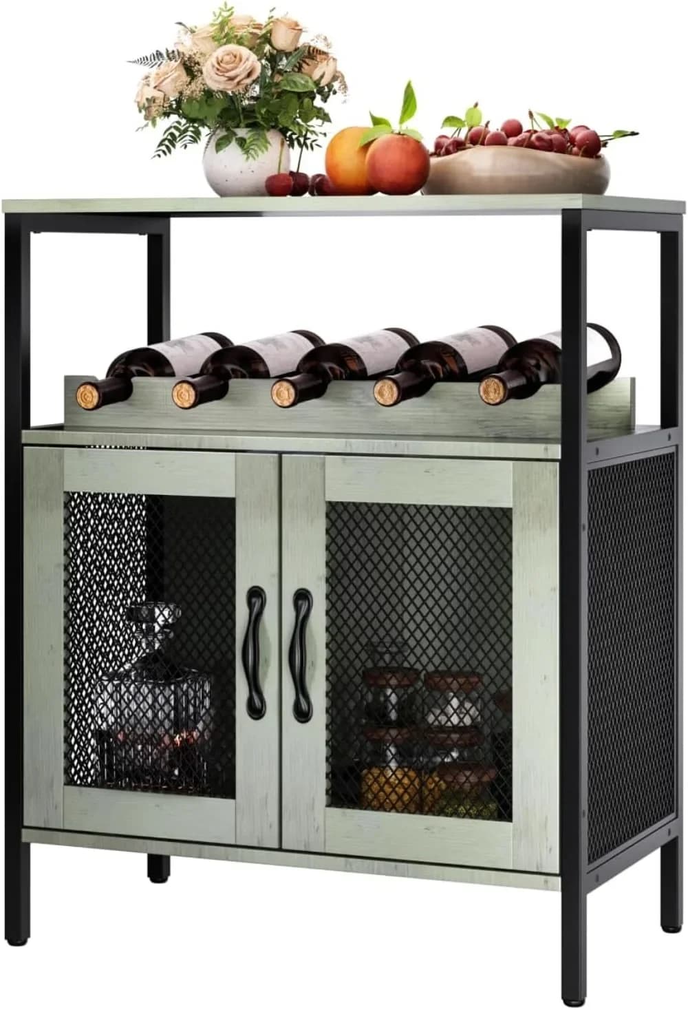 EvaStar Wine Bar Cabinet, Industrial Liquor Cabinet Wine Rack, Coffee Bar Cabinet with Metal Mesh Doors Small Liquor Cabinet
