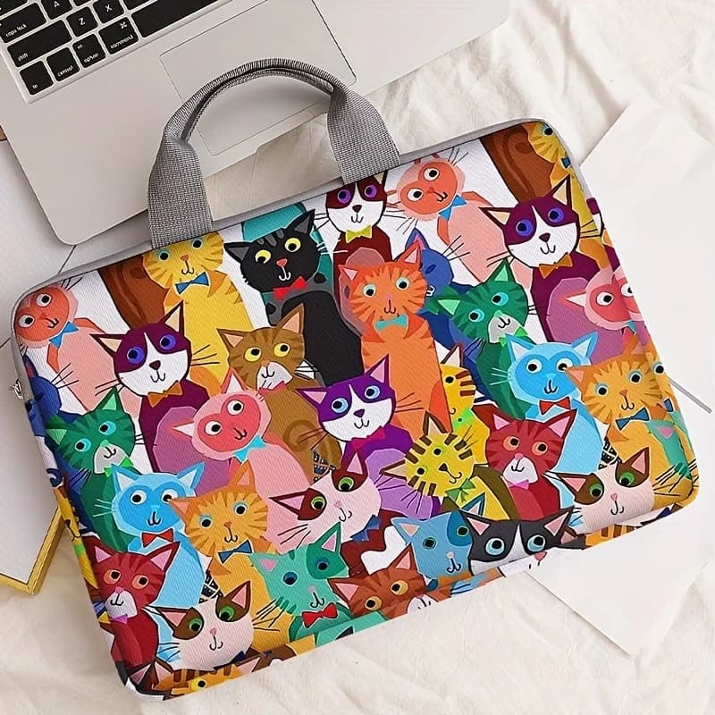 One piece set, two styles, colorful cartoon cat pattern printed laptop bag, briefcase, suitable for 14 inch laptops