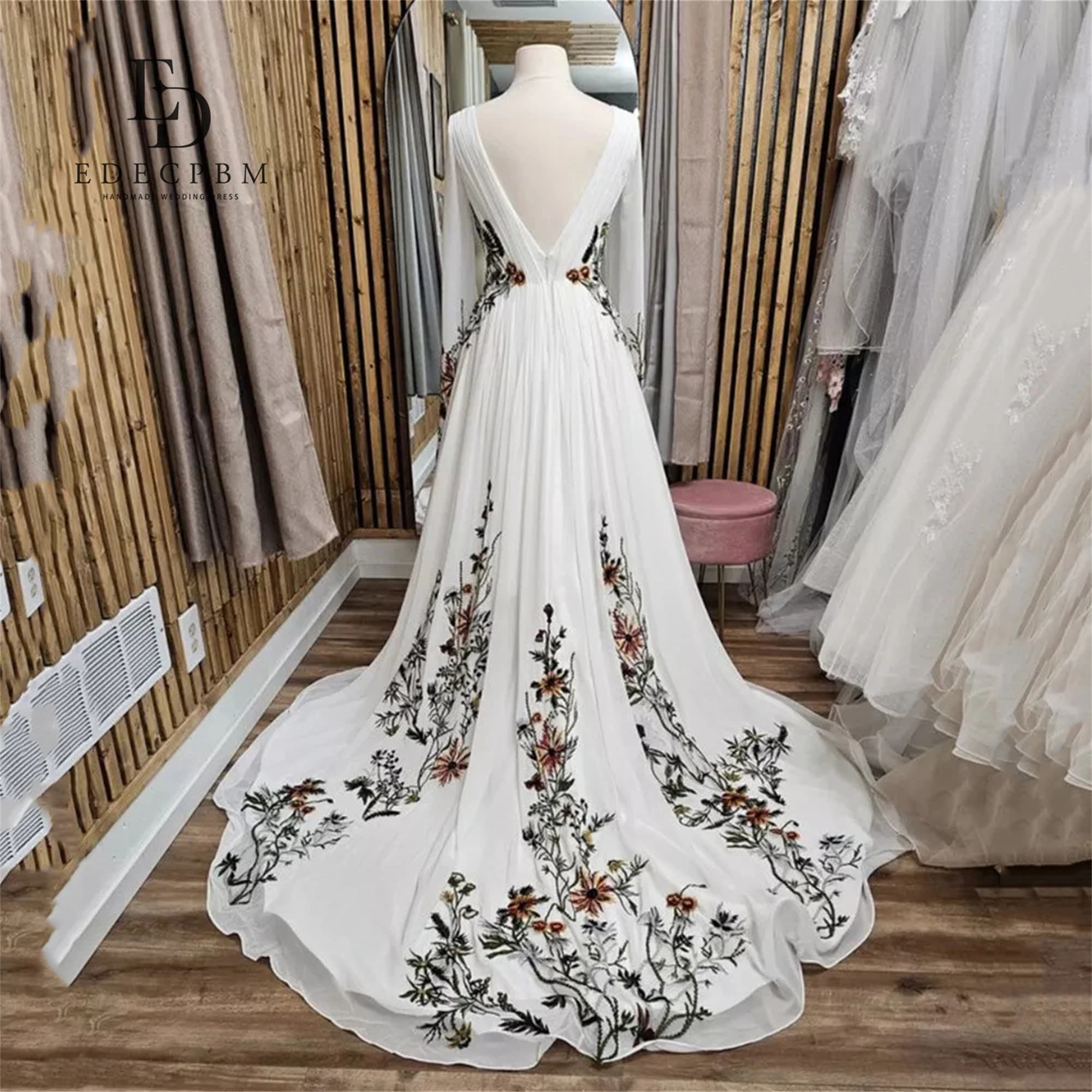 EDECPBM Chic Evening Dresses for Special Occasions Wedding Dress Hand-made Embroidery V-neck New in Dresses Customized Lace Prom