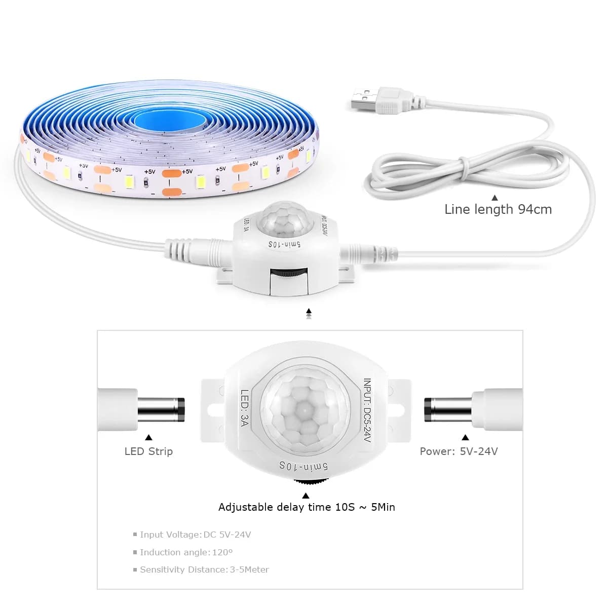 USB 5V LED Strip Light Waterproof SMD2835 With Sensitive PIR Motion Sensor Delay Time Adjustable For Kitchen Bedroom Corridor