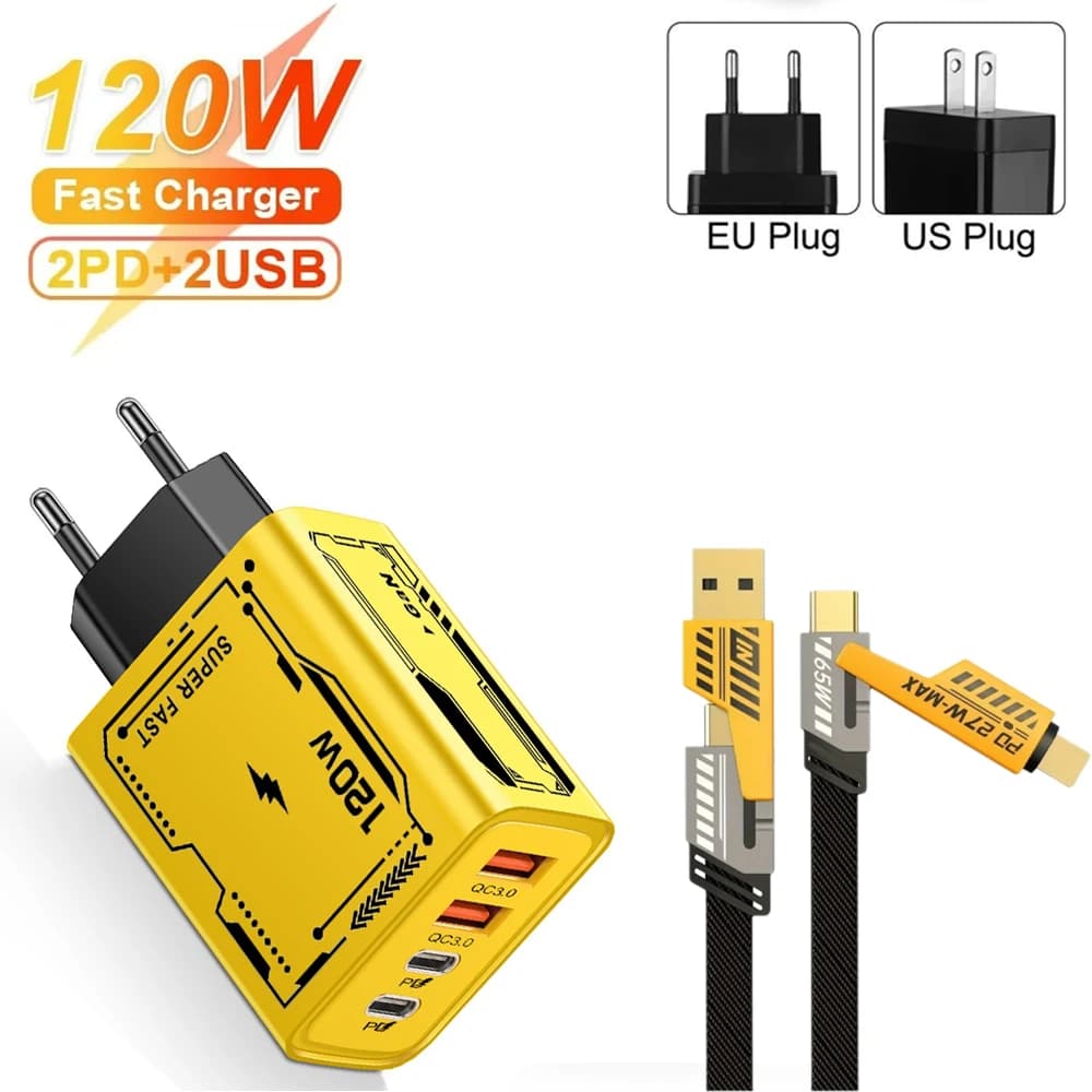 120W USB Charger Type C Mobile Phone Adapter Quick Charge 3.0 EU/US Plug Wall Chargers 6A Fast Charging Cable For iPhone Samsung