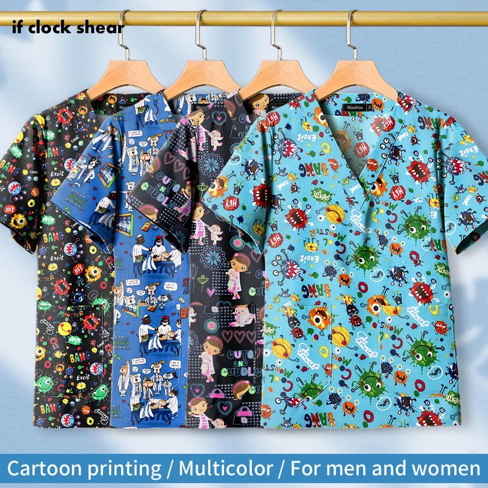Ladies Nurse Uniform Short Sleeved V-neck Workwear Cartoon Print Work Uniforms Women Cotton Casual Medical Nursing Blouse Unisex