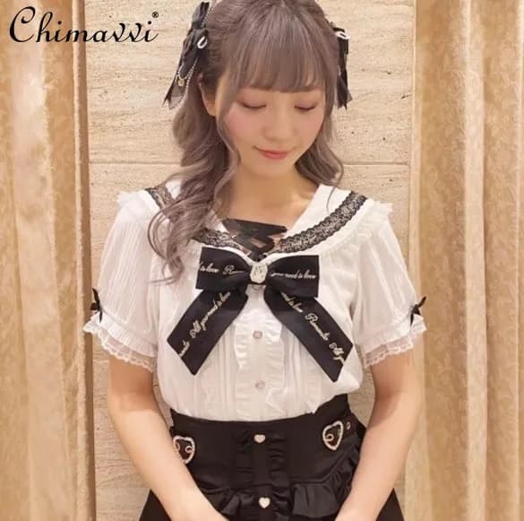 Liz Shirts Japanese Mine Classic Sweet Cute Lace Lolita Shirt Women's Short Sleeve Pearl Embroidery Slim-fit Y2k Blouse Tops