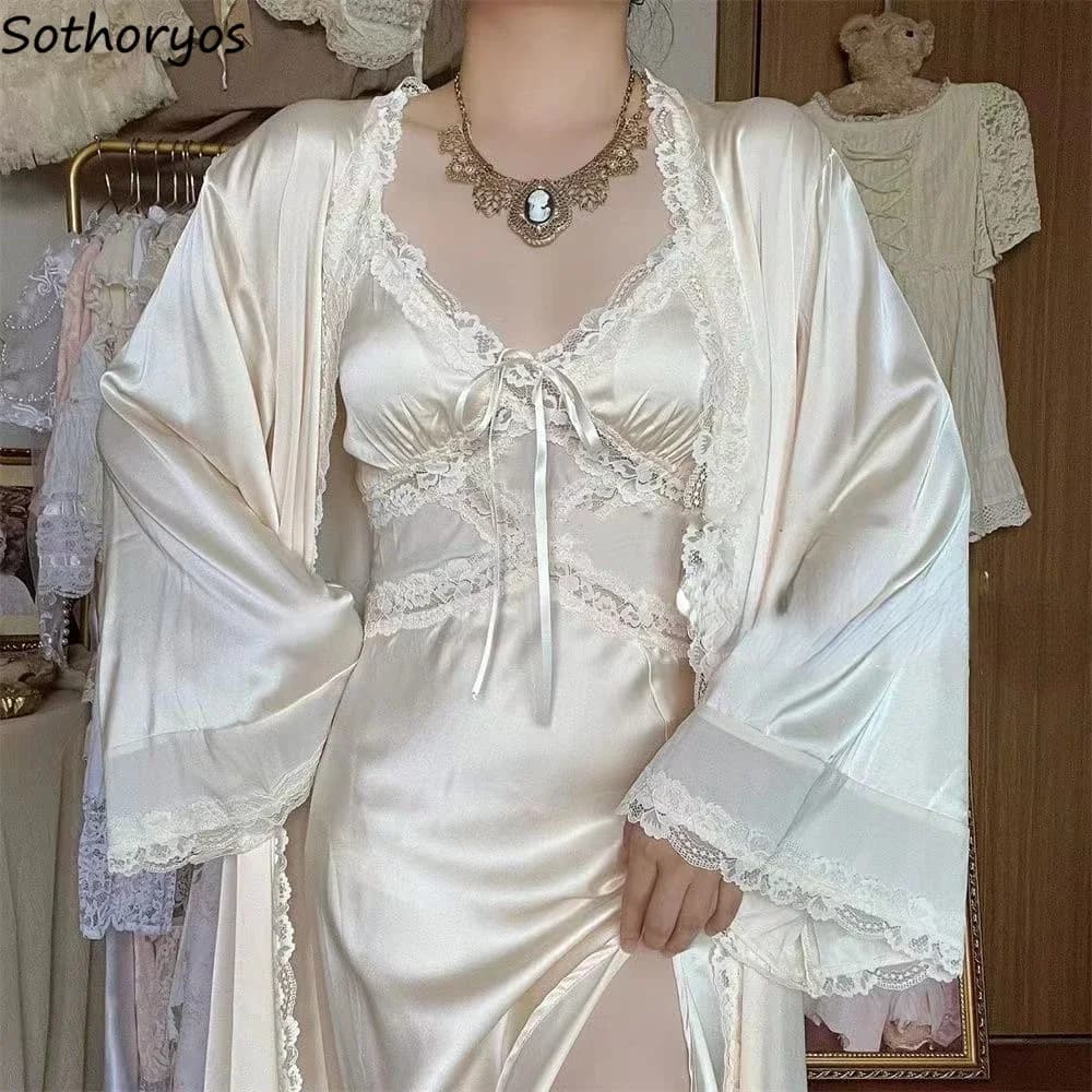 Silk Robe Gown Sets Women Gentle Lace Design Elegant Sleepwear Skin-friendly French Style Daily Aesthetic Home Females Lounge