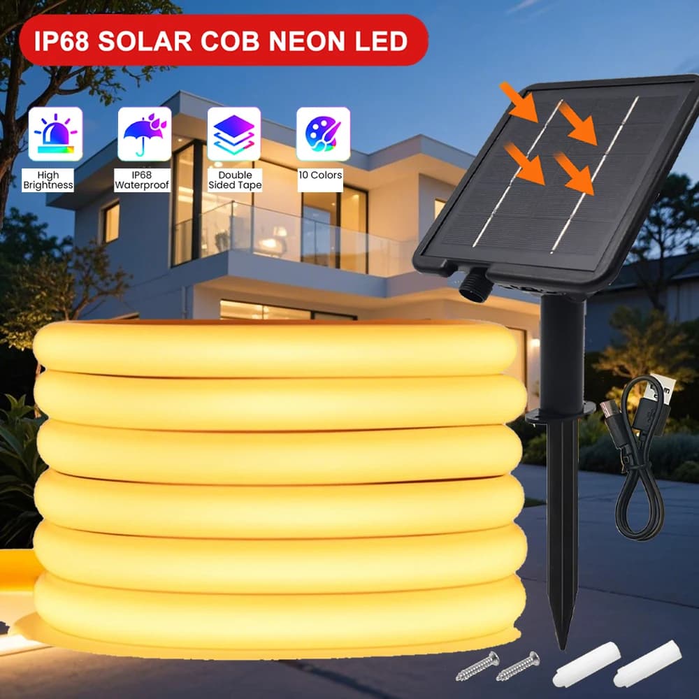 Solar Neon Light Strip 24V COB Waterproof IP68 Red Green Blue Warm Natural White 320LEDs/m Flexible High Density Linear Lighting