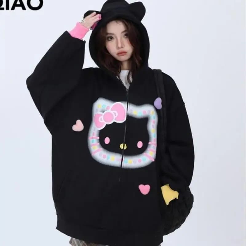 Hot Kawaii Hello Kitty Sweet Hooded Sweatshirt Sanrio Girls Long-Sleeved Tops Cute Casual Loose Versatile Cardigan Sports Coat