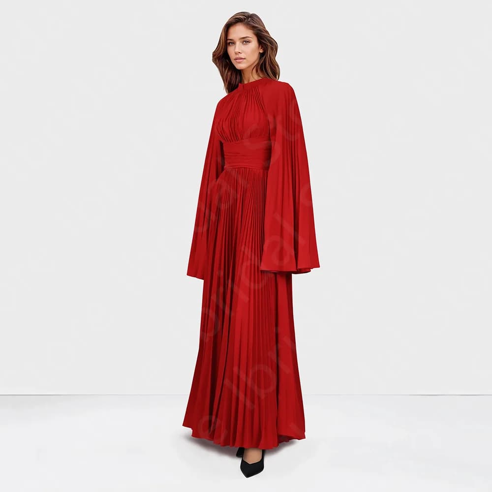 Customized New Arabic Evening Dresses Red 2024 Prom Gowns Middle East Long Sleeves Wedding Guest Dresses Round Neck Pleating