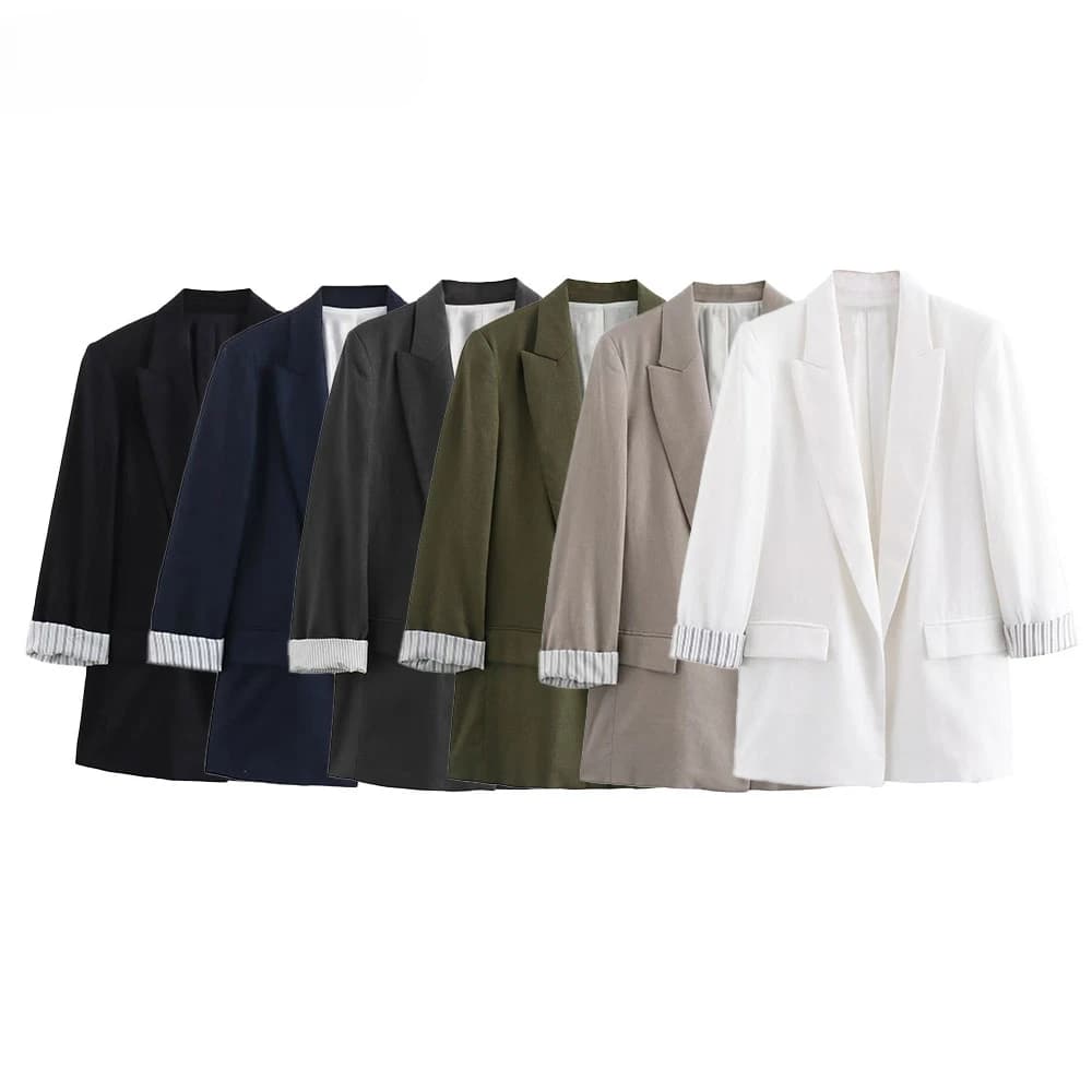 ASDS Women Fashion Solid Linen Blazer Notched Collar Long Roll up Sleeves Female Chic Office Lady Business Outfits