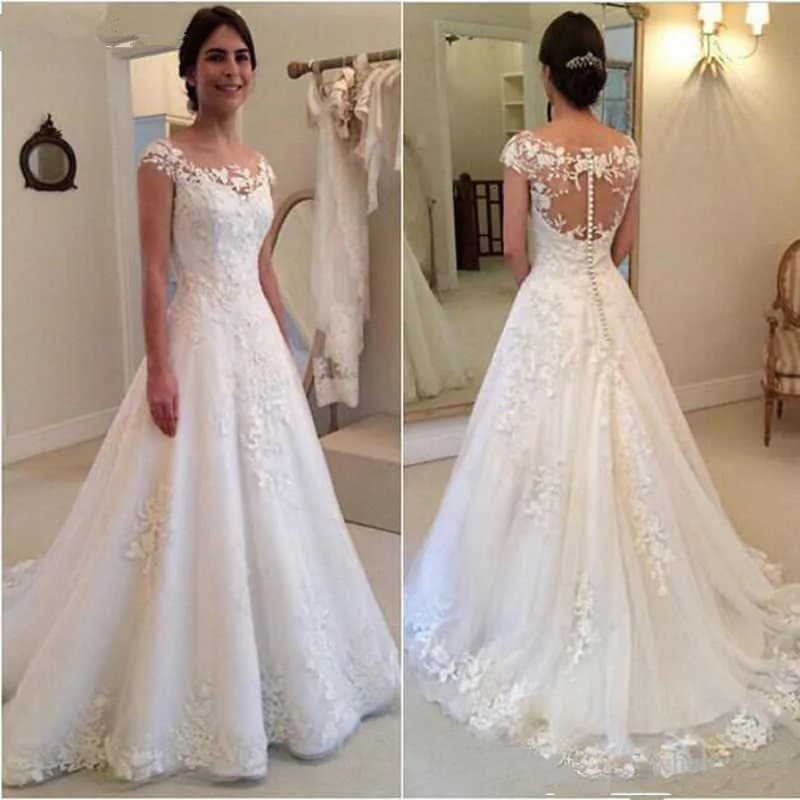 White Elegant Appliqued Wedding Dresses 2023 Sheer Back Cap Sleeves Vintage Lace Bride Gown Vestidos De Novia A-line