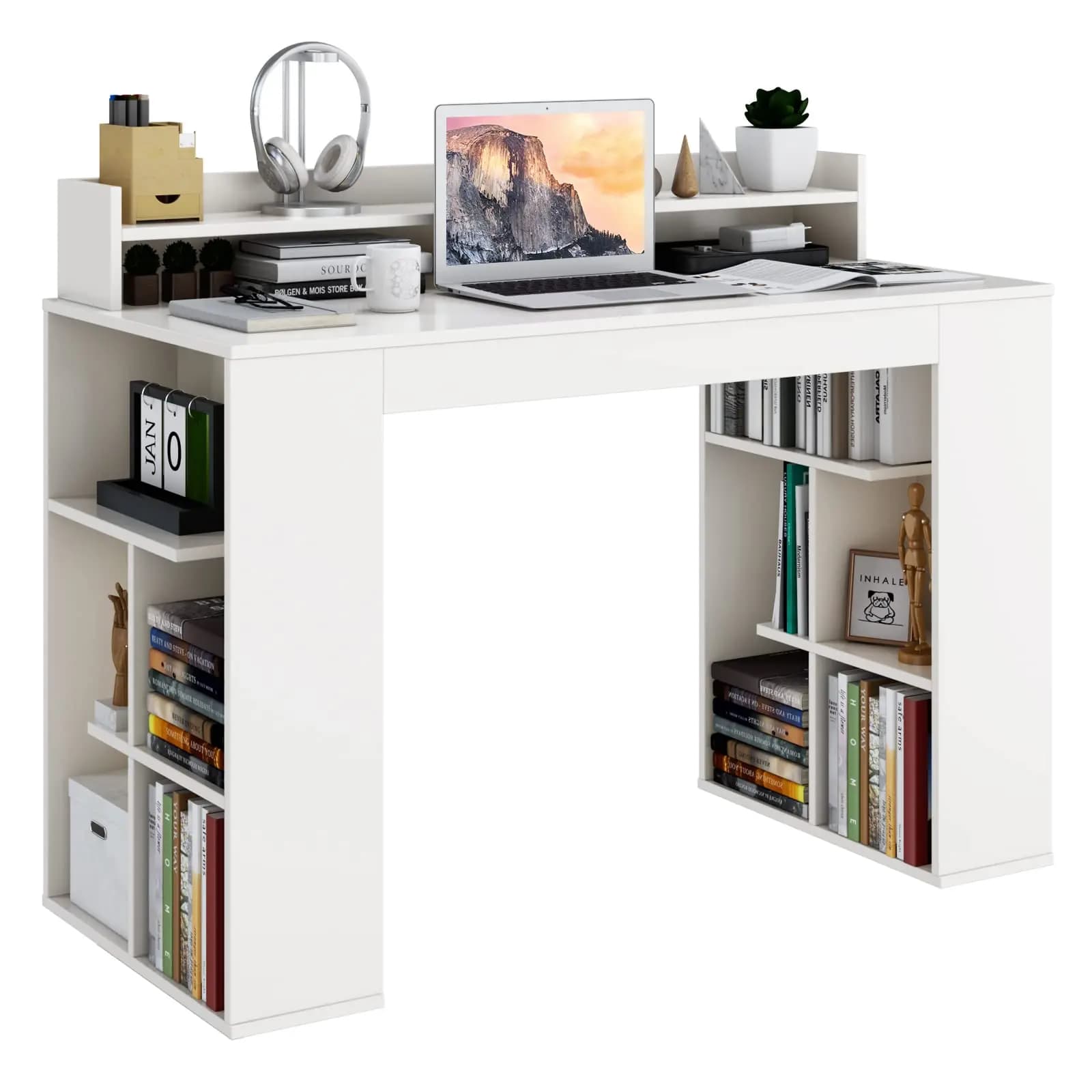 White Desk with Storage Bookshelf, Home Office Computer Desk with Dual 3 Tier Bookshelf & Monitor Shelf, Study Writing Desk