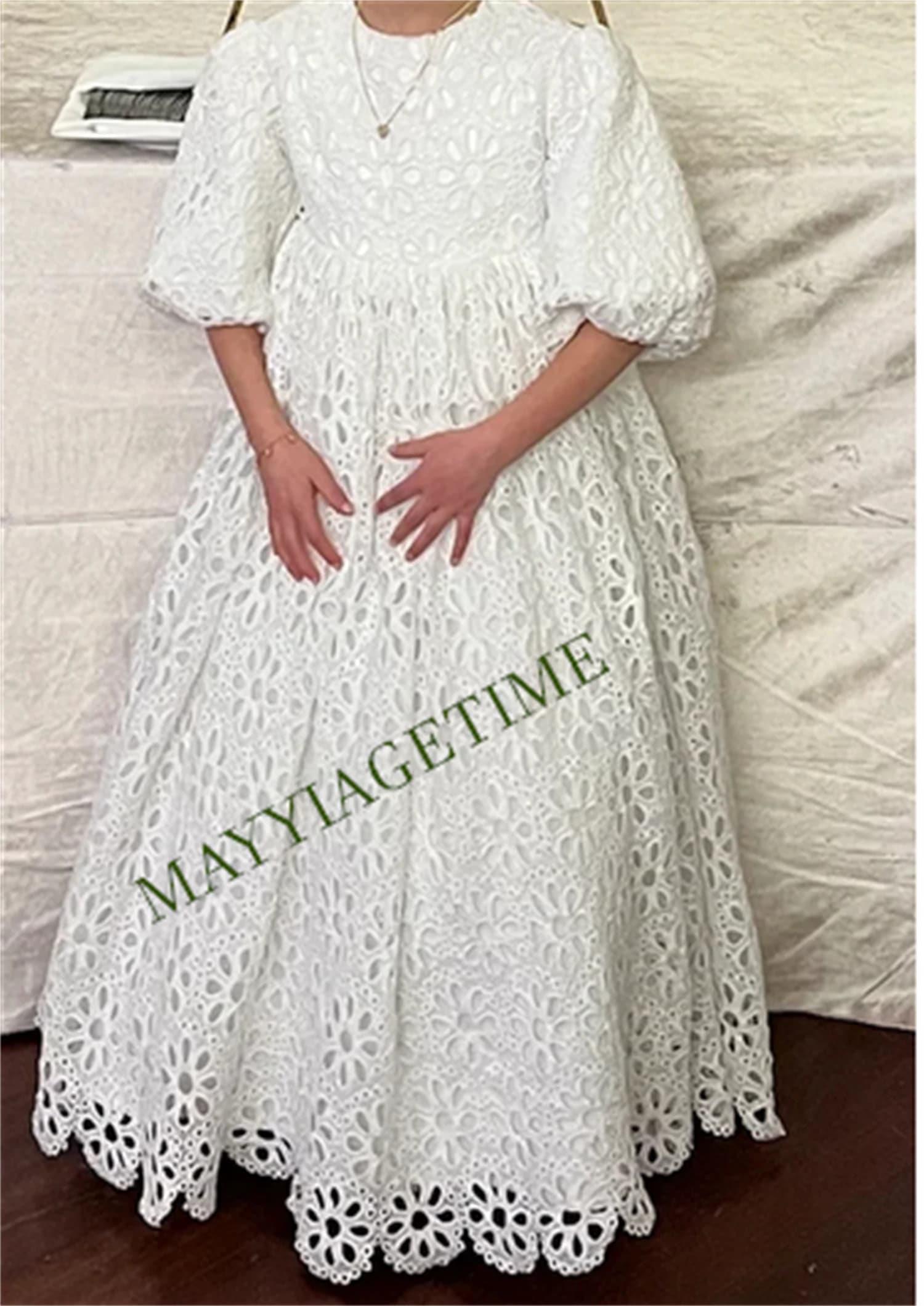 Half Sleeve White Lace Flower Girl Dress For Wedding Puffy Balloon Sleeve Pricness Pageant Birthday High Neck Girl Dresses