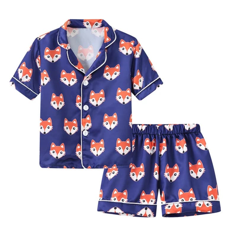 Summer Kids Pajama Set Cute Cartoon Print Faux Silk Two Piece Suits Boy Girls Skin-Friendly Soft Cool Sleepwear Pyjama Nightwear