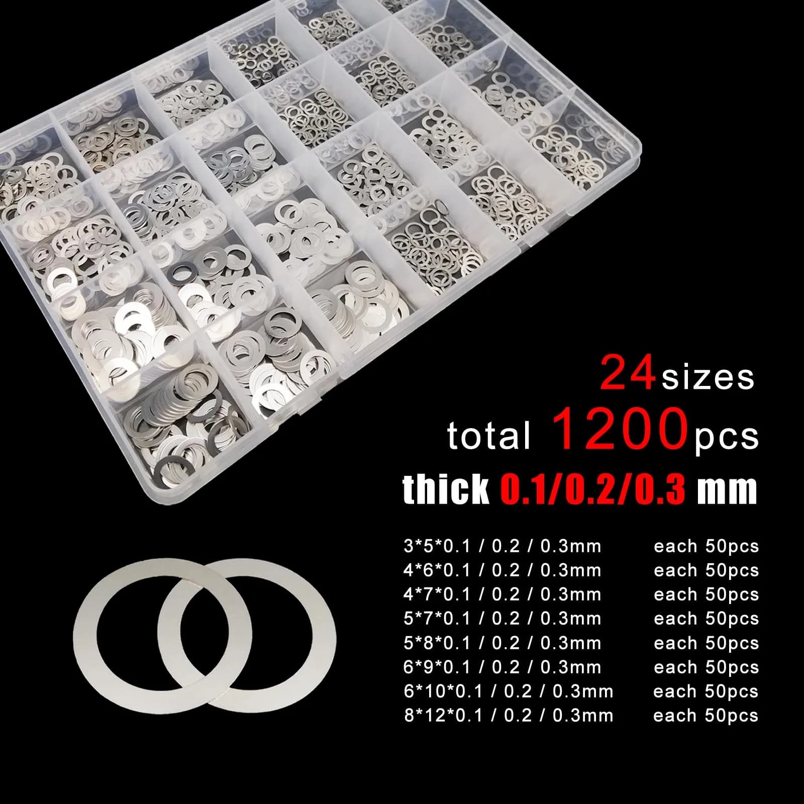 500/1200pcs M3 M4 M5 M6 M8 0.1 0.2 0.3mm 304 Stainless Steel Ultra Thin Flat Washer Plain Ultrathin Adjusting Shim Set Kit Box