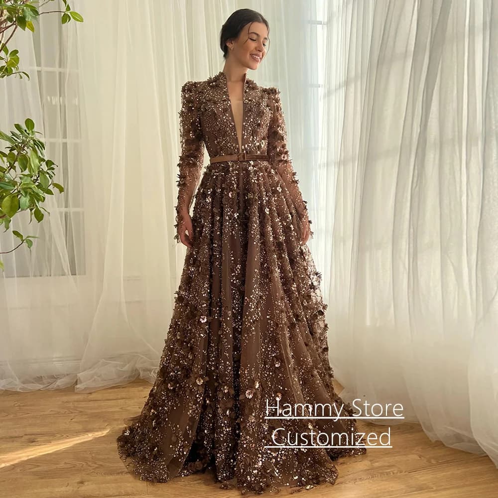 Brown Evening Dress Party Gown Customized Long Sleeves Deep V Neck A Line Floor Length Formal Prom Dresses Robe De Soiree