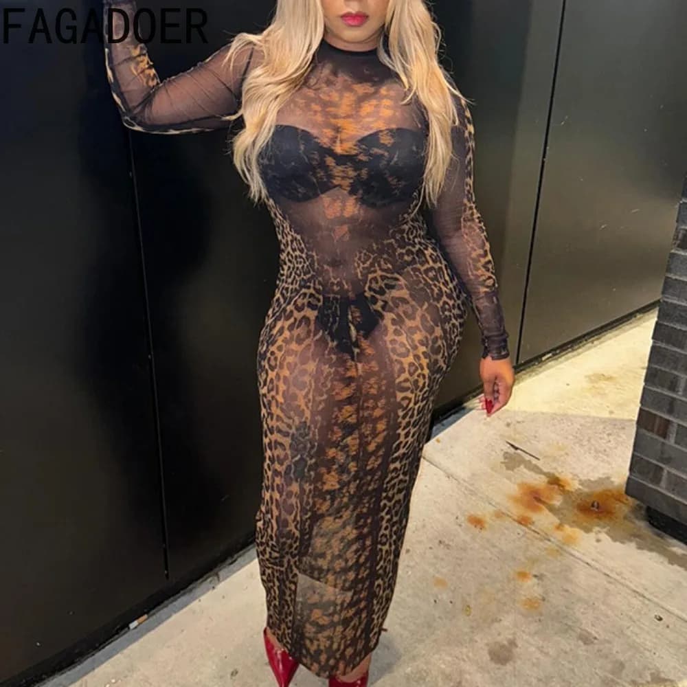 FAGADOER Retro Leopard Print Dress Women Sexy See Through Patchwork Bodycon Dresses Hot Girl Night Party Clubwear Vestidos