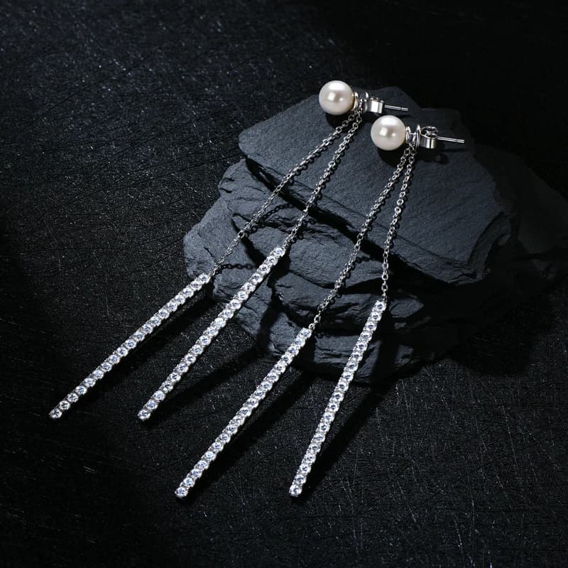 Anziw 925 Silver Double Chain Long Tassel CZ Drop Earrings 6.5mm Natural Freshwater Pearl Stud Earring Wedding Jewelry for Women