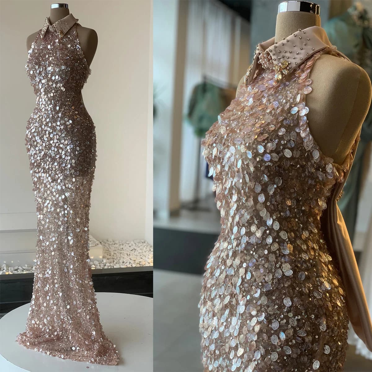 Elegant A Line Evening Dresses High Neck Sequined Applique Beaded Gowns Sweep Train Vestidos De Noche Formal Occasion Customized