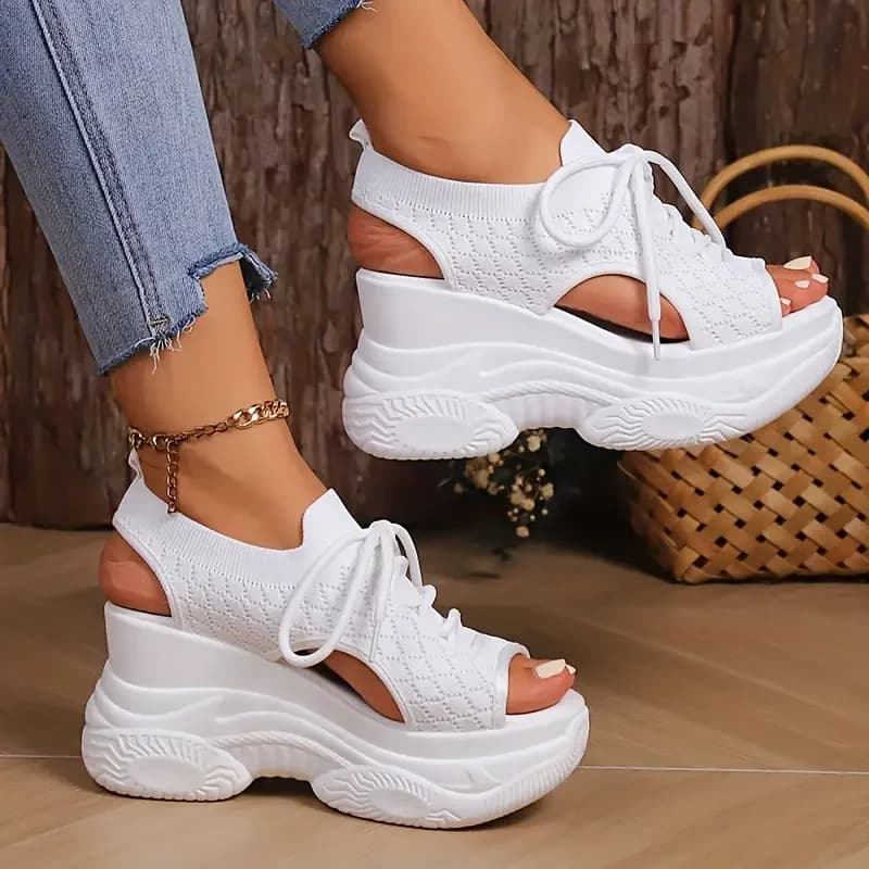 New Summer Fashion Comfortable Round-toe Wedge Light Roman Sandals Non-slip Thick-soled Lace-up Casual Sneakers for Women