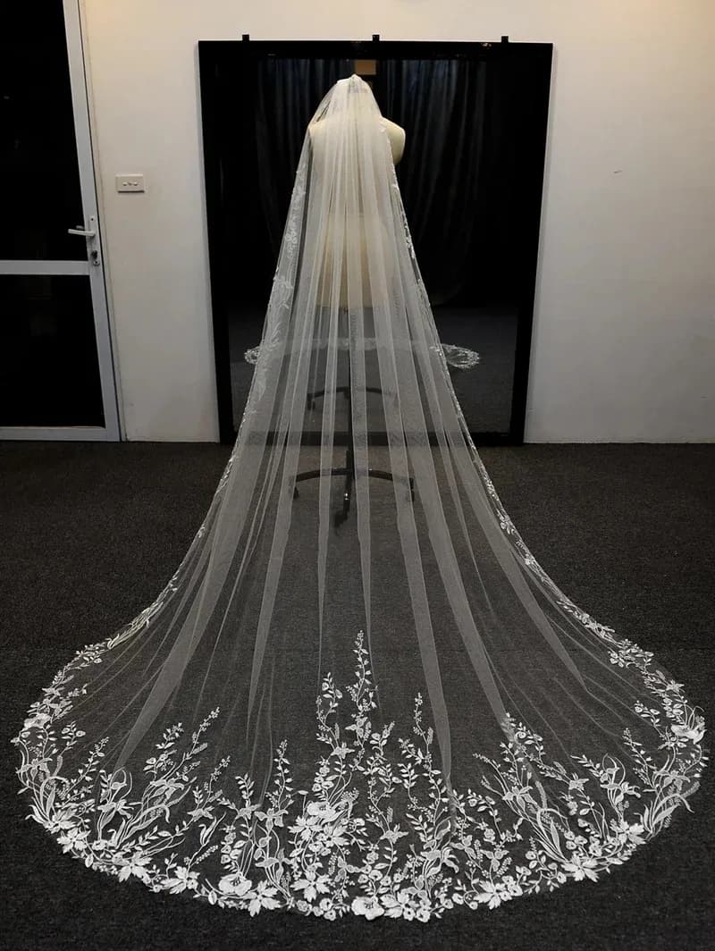 White Ivory sparkling Long Bridal Veils Wedding Veil All Lace Appliques Soft Net Cathedral Veil velos de novia voile de mariée