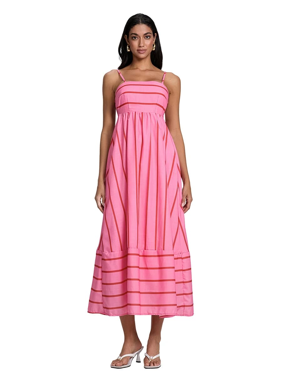 Women s Long Beach Dress Sleeveless Spaghetti Strap Stripes Print Flowy Dress Midi Slip Dress