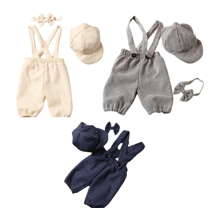 Newborn Costume Photography Clothes Vintage Uniform Hat Suspender Pants Photo Props Photo Posing Outfit 1560