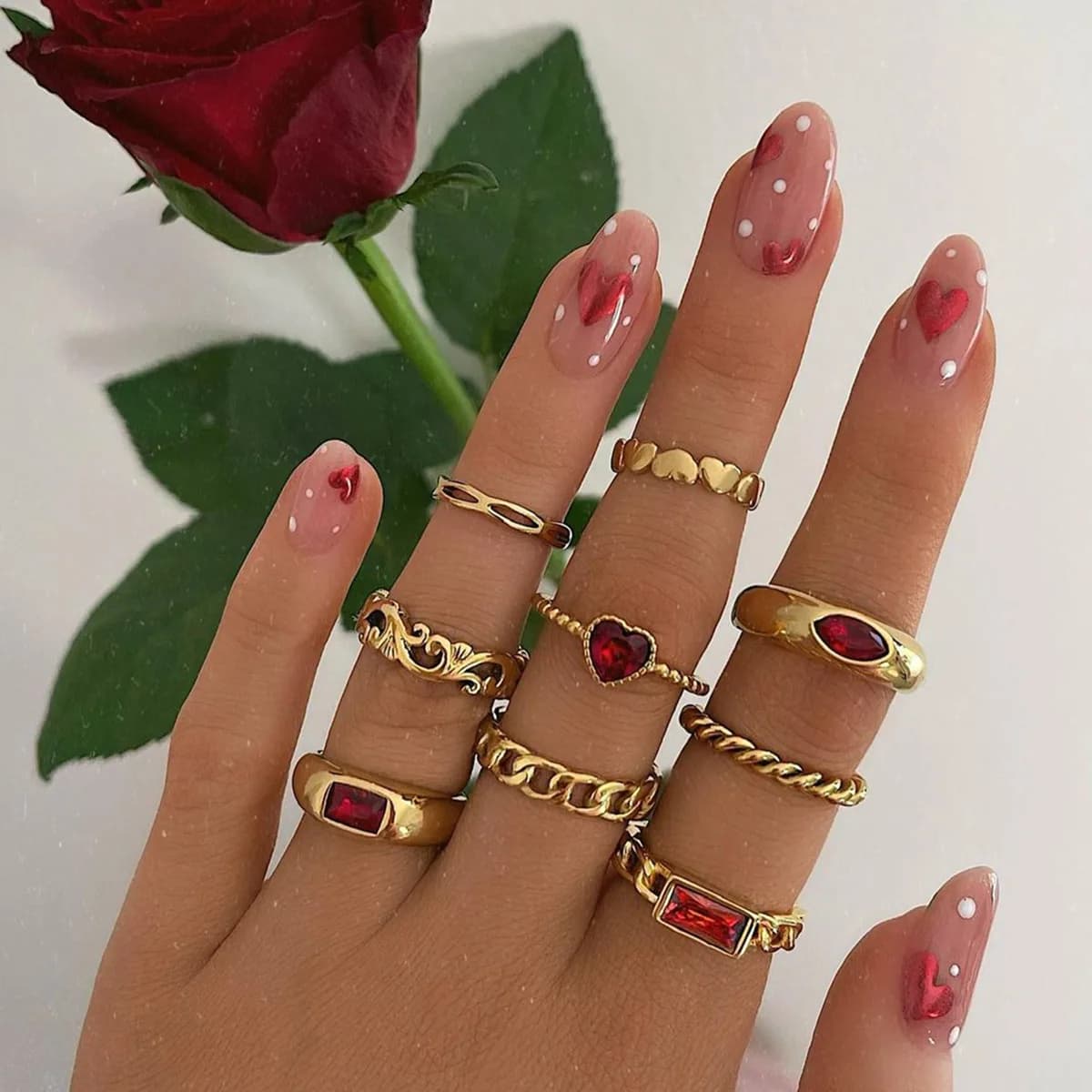 Bohemian Rhinestone Geometric Finger Rings Set For Women Red Crystal Heart Gold Color Chain Shaped Ring Female Party Jewelry
