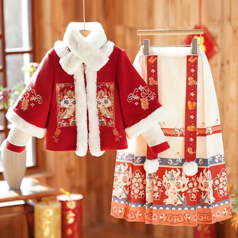 Children's Winter Warm Hanfu Set Girls Ancient Perform Costume 2025 New Year Clothing Baby Kids Festive Tang Suit Casual Dress