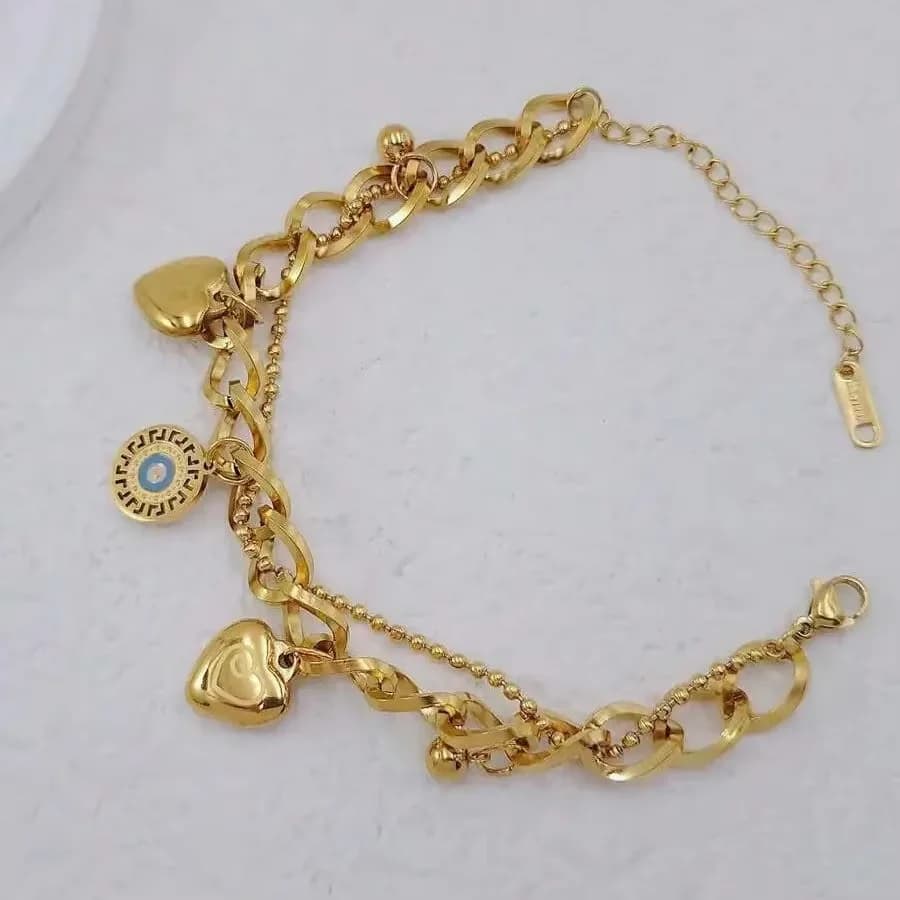 Doubel Layers Heart CHarm Bracelet Hollow Heart Round Double Color Bracelet Stylish Personality Simple Metal Braclet For Women