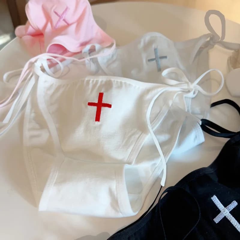 Cosplay Nurse Lace Up Cross Printed Underpants Lolita Cotton Sweet Girl Sexy Panties Low Waist Breathable Soft Cute Briefs