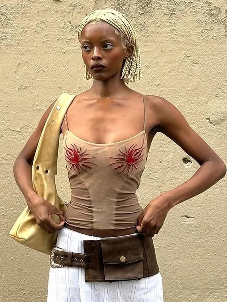 Weird Puss Sun Print Sexy Women Camisole Y2K Summer Fashion Low-Neck Coquette Midnight Party Club Wild Basic Street Slim Tees