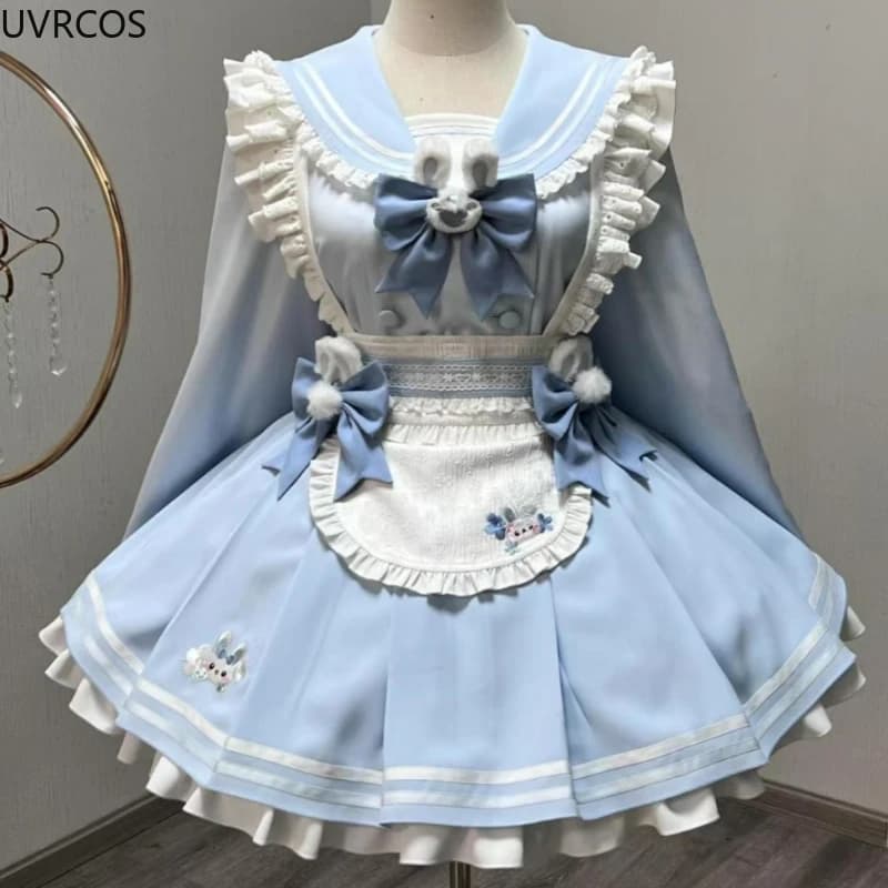 Japanese Kawaii Lolita Maid Dress Set Women Sweet Ruffle Sailor Collar Bunny Bow Apron Princess Dresses Elegant Party Mini Dress