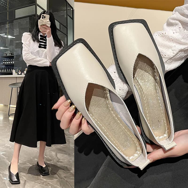 2023 Flat Shoes Women Square Toe Single Shoes Simple Temperament Leather Shoes Spring round toe heels