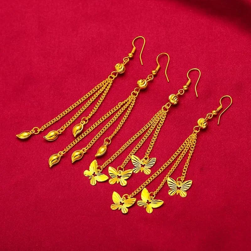 Beautiful Butterfly Bow Women Long Tassel Drop Earrings 100% 24K Real Gold Plated Mother Gifts Party Attendance Jewelry