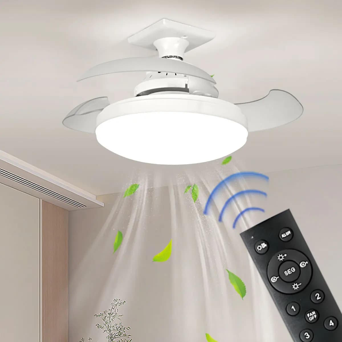 LED 30W ceiling fan light E27 with remote control for dimming, suitable for living room, study, household use, 110-265V