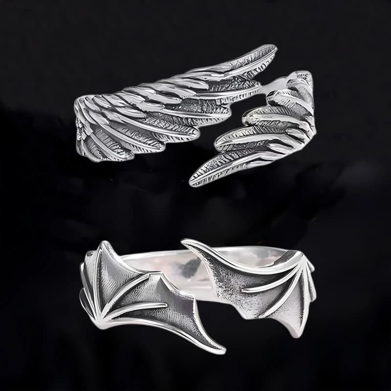 TrendMen Hiphop Rock Angel Devil Wing Couple Rings For Men Boys Silver Color Metal Fingers Accessories Party Jewelry Gifts