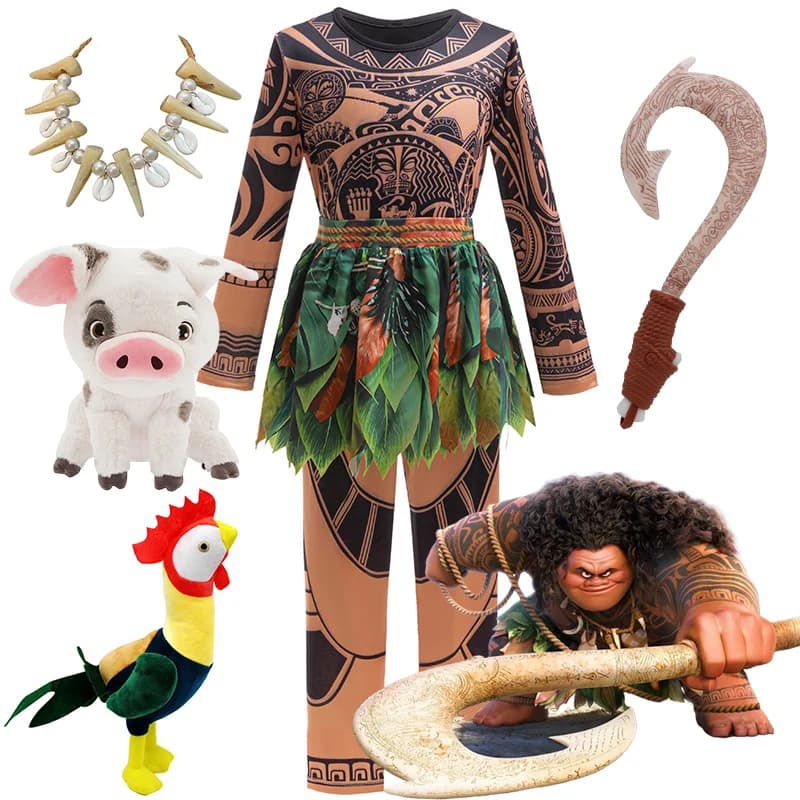 Disney Moana Character Maui Clothes Tattoo Pants Boys Costume Kids Cosplay Birthday Carnival Performance Fish Hook Knife Outfits