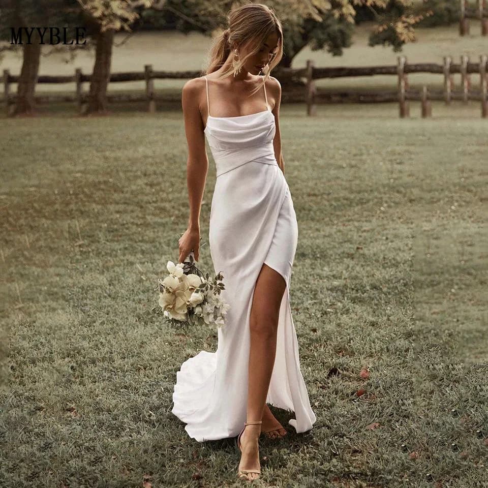 Customized Simple Sexy Wedding Dresses Boho Bridal Dress High Slit Straps Backless Bohemian Bride Gowns Vestidos De Noiva