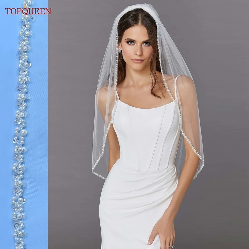 TOPQUEEN V134 Delicate Wedding Veils For Bride Pearls Wedding Veil With Crystals Edge Bridal Veils Wedding Crystal Beaded