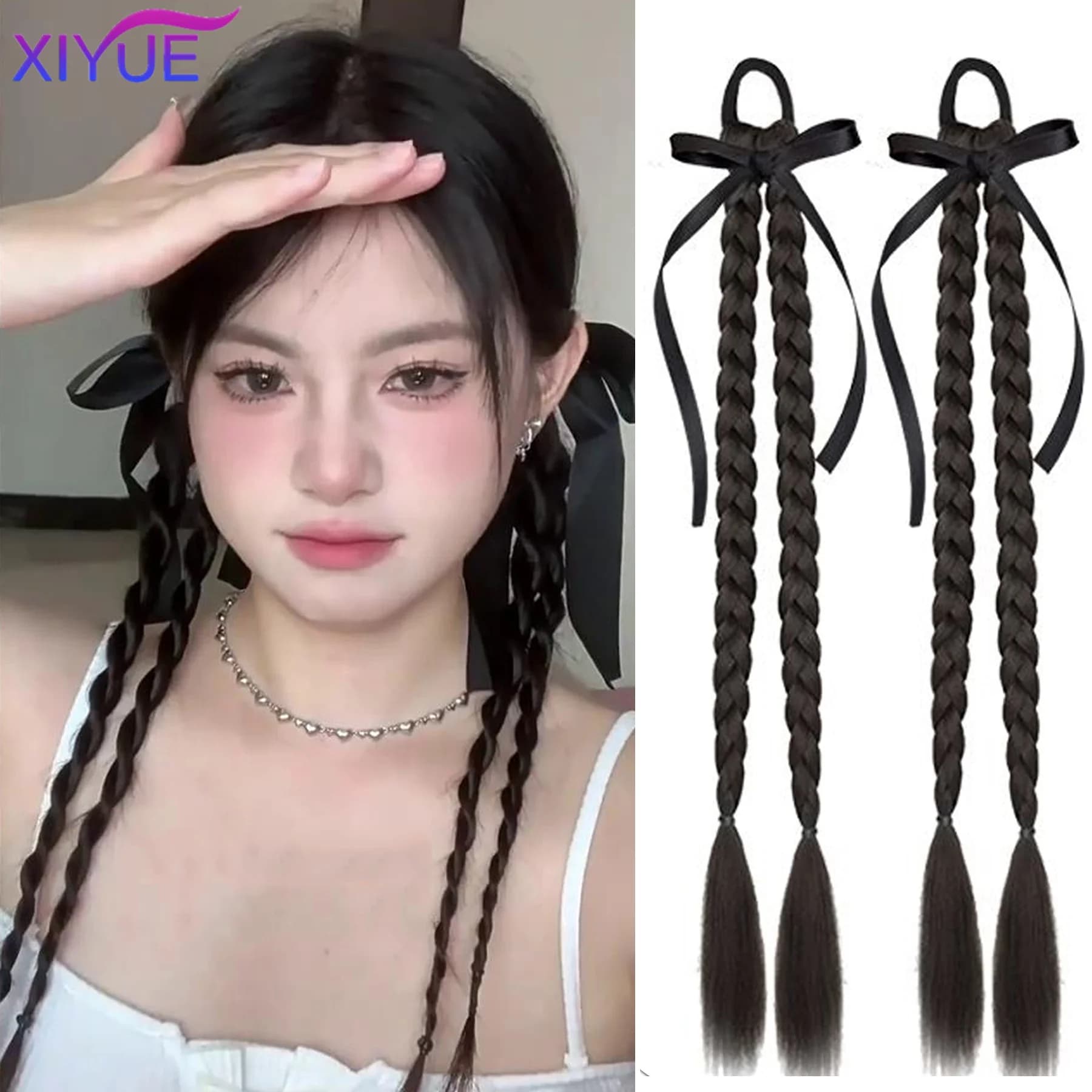 XIYUE Synthetic Braided Twist Braids ponytail Hair Extension Black Natural Wig Long Ponytail Hair Band Rubber Band Women's Wig