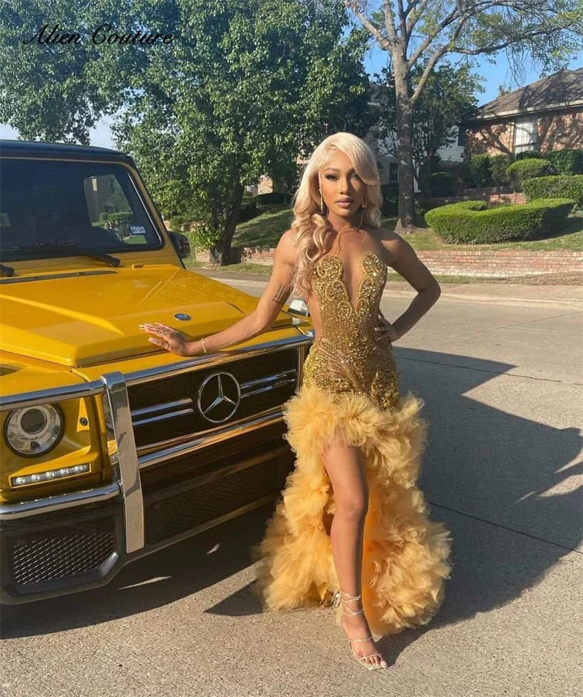 Sparkly Gold Diamonds Mermaid Prom Dress 2025 For Black Girls Glitter Rhinestones Beads Ruffles Birthday Party Dress Customized