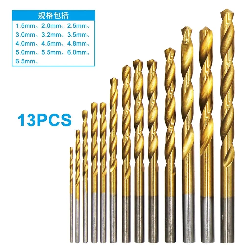 Titanium Plated 13pc Straight Shank Twist Bit 1.5-6.5mm Plastic Box Package Drill Bit Electric Tool Accessory Set