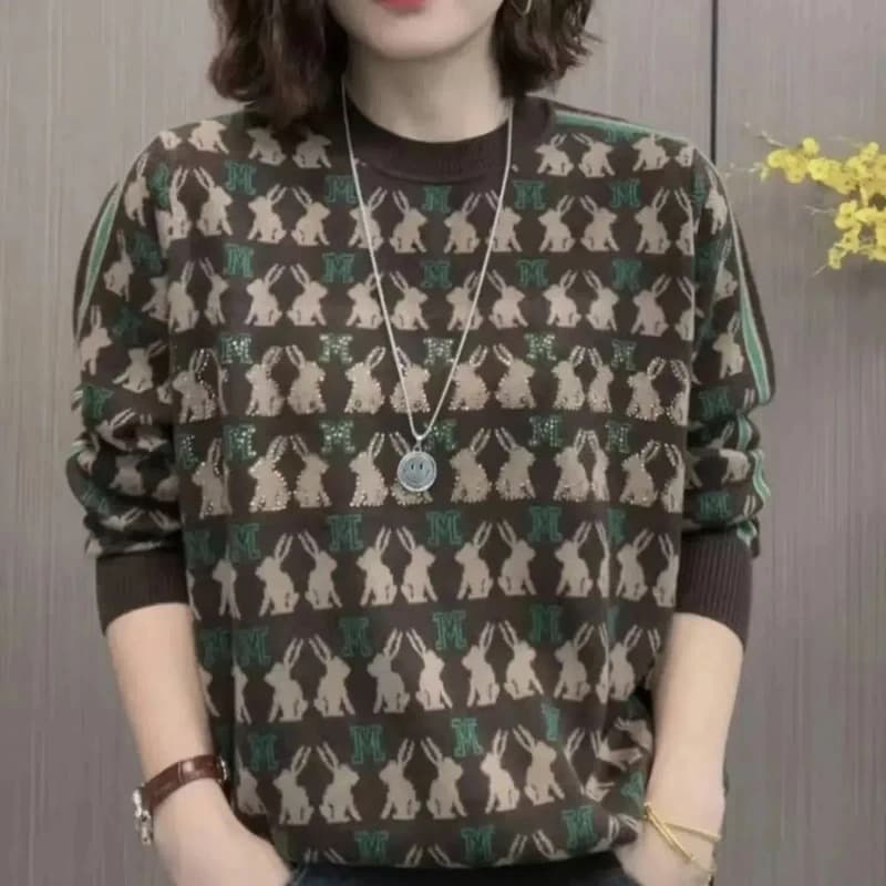 Temperament Fashion Autumn Winter Sweaters New Women's O-Neck Printing Patchwork Korean Long Sleeve Loose Pullovers Knitted Tops