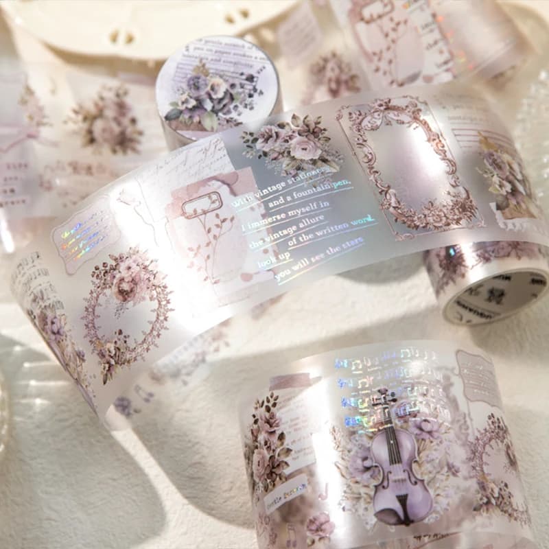 Mr. Paper,200cm/roll, Laser Silver Matte PET Tape, Floral Note Element Sticker, DIY Water Cup Phone Case Scrapbook Decorative