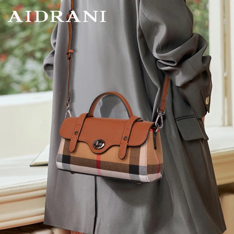 Aidrani Classic plaid single shoulder crossbody bag, canvas patchwork cowhide mini bag