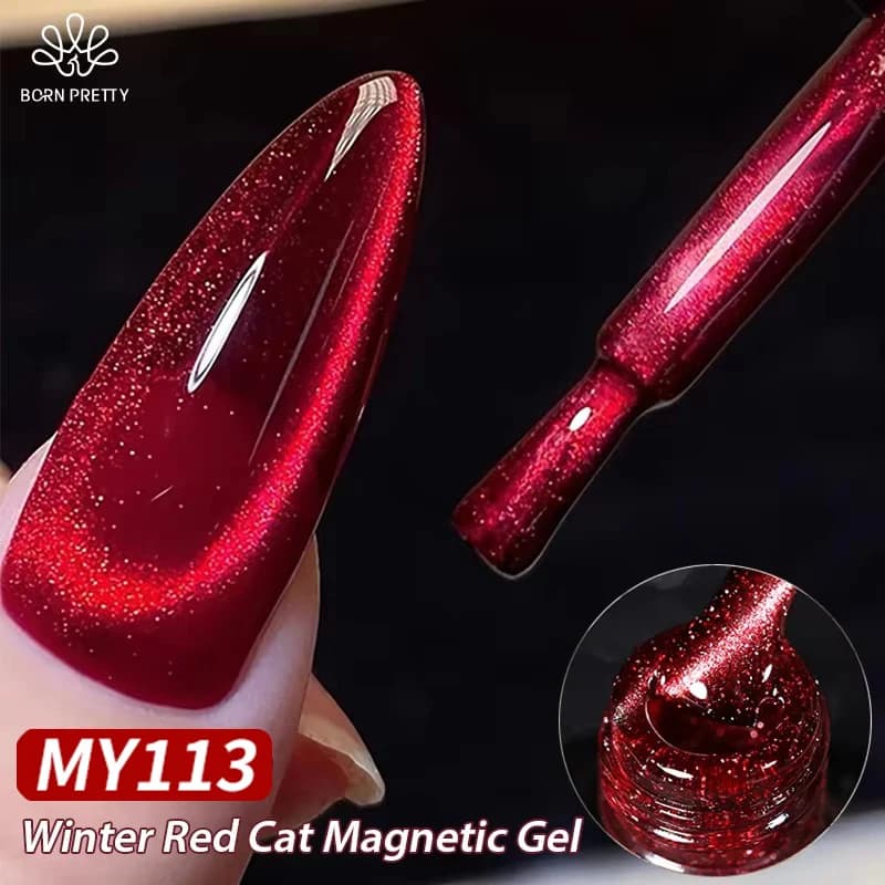 BORN PRETTY 10ml Dark Red Cat Magnetic Gel Nail Polish for Winter Nails DIY Jelly Glass Silver-Light Varnis Semi Permanent