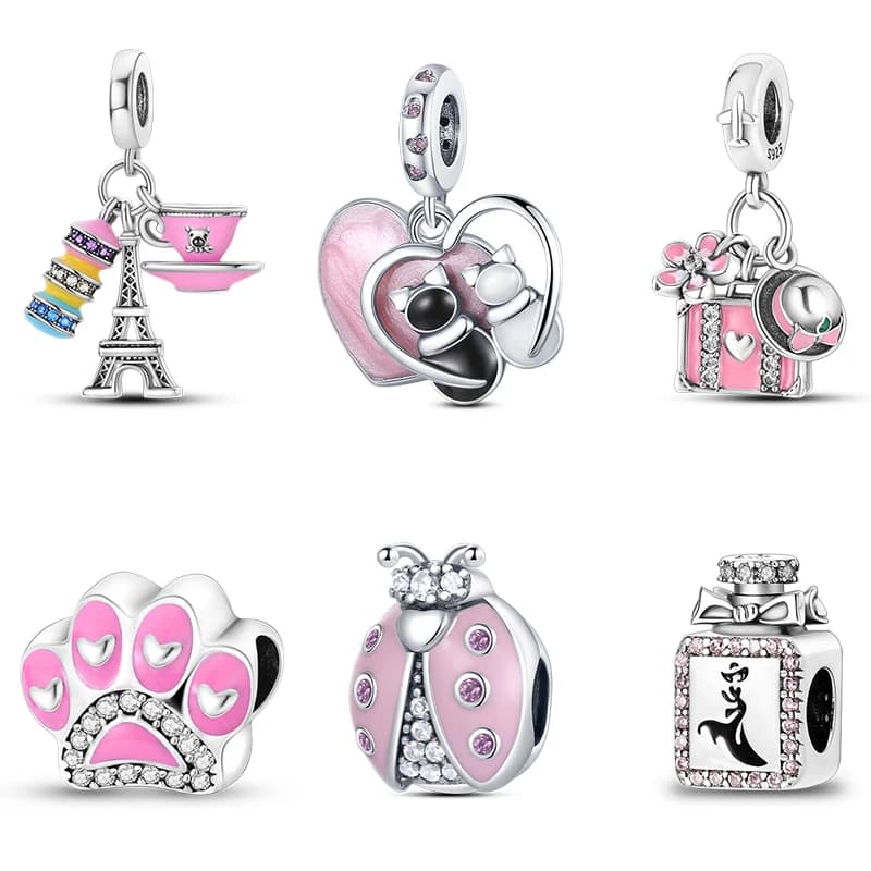 925 Sterling Silver Pink Perfume Bottle Luggage Heart-shaped Cute Claw Charms Beads Fit Original Charm Bracelet DIY Jewelry