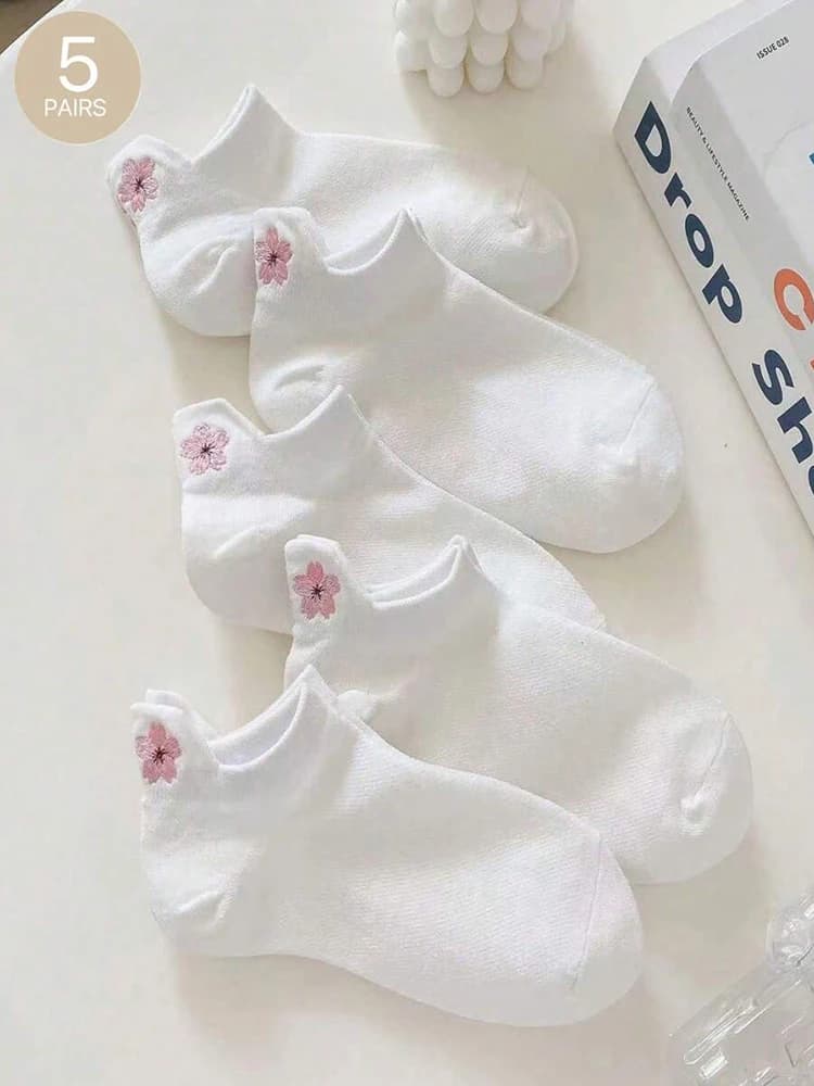 5 Pairs Women Cartoon Short Socks Trendy Versatile Cute Flower Pattern Socks Sweat Absorbing Breathable Soft And Casual Socks