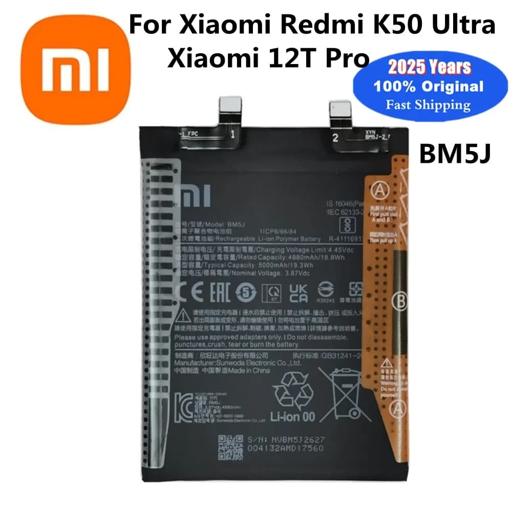 100% New Original BM5J 5000mAh Battery For Xiaomi Mi 12T Pro / Redmi K50 Genuine Mobile Phone Replacement Batteries