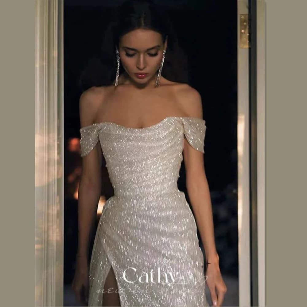 Cathy Sexy Off Shoulder Prom Dress Sexy Side Split Evening Dress Sequins Mermaid فستان سهرة Glitter Customized Party Dresses